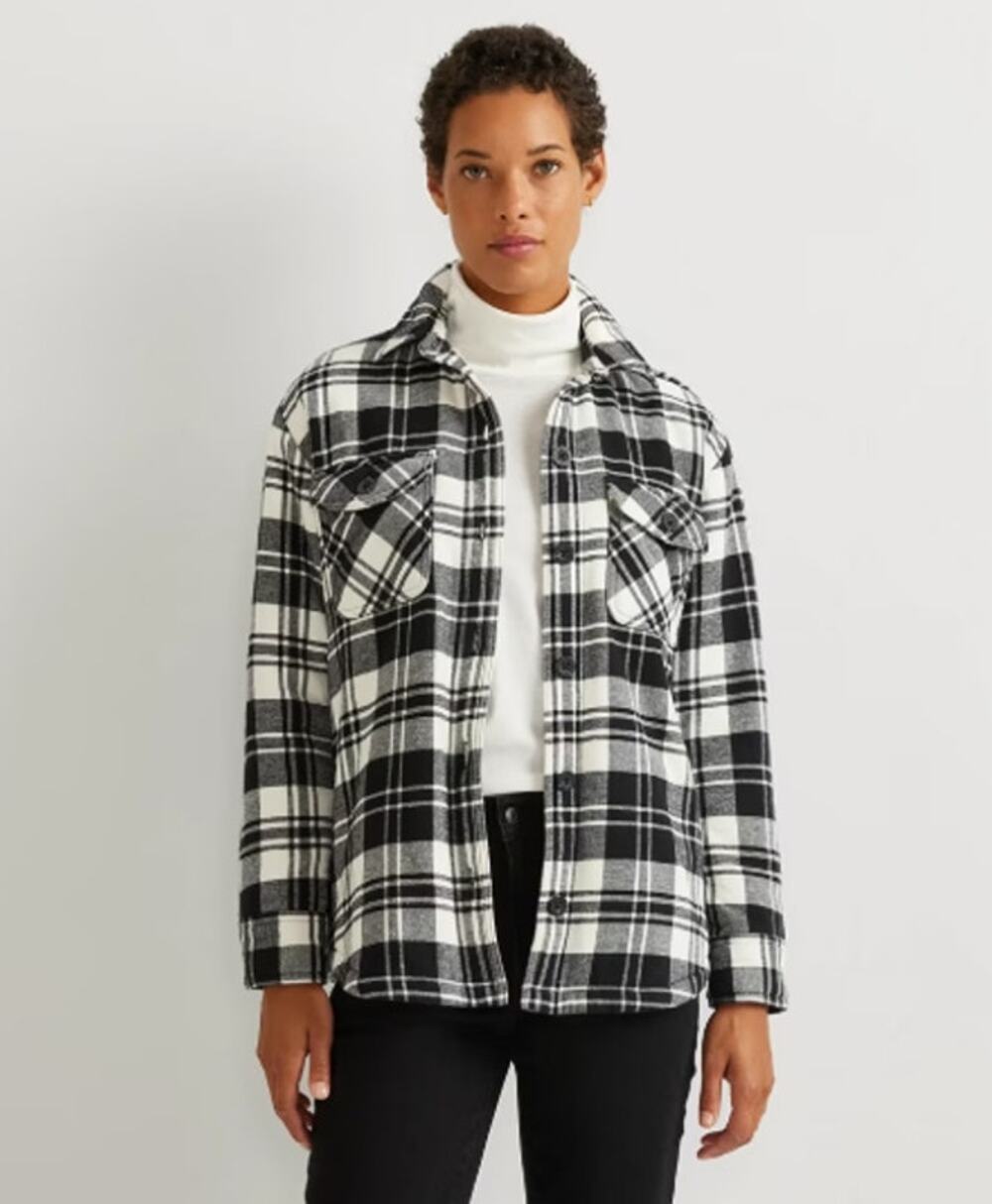 Eddie Bauer Womens Medium Shacket Plaid Sherpa Lined Flannel Shirt Jacket Top